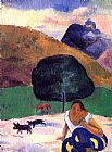 Paul Gauguin Landscape with Black Pigs and a Crouching Tahitian painting